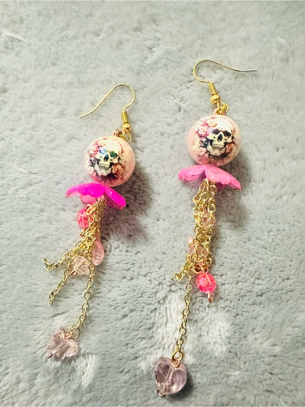 Pink Skull Bead Dangle Earrings
